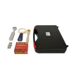 “Complete MarMonix MHC-250 holiday detector kit with electrode handle, comb electrodes, illuminated magnifier, cleaning brush, 3M tape, and black carrying case”