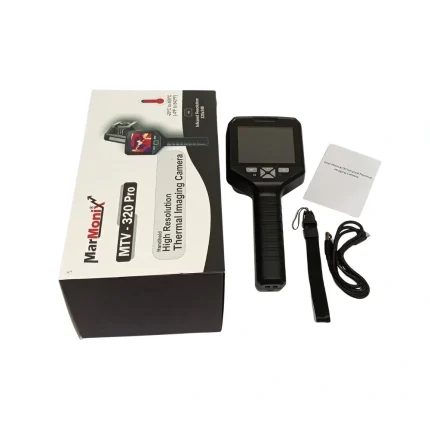 MarMonix MTV-320 Pro handheld thermal imaging camera kit with retail box, user manual, wrist strap, and USB charging cable