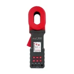 Marmonix MEG825 clamp-on ground tester, red clamp jaw above a black body with colour LCD and keypad
