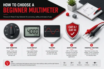 Isometric 3D graphic illustrating key features to look for in a beginner multimeter, including easy operation, clear display, True RMS, safety ratings, and essential test functions.