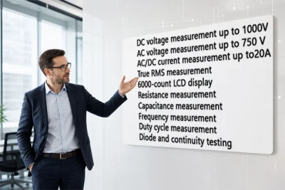 Professional technician presenting key technical specifications of the Marmonix MMU-112 digital multimeter, including voltage and safety features.