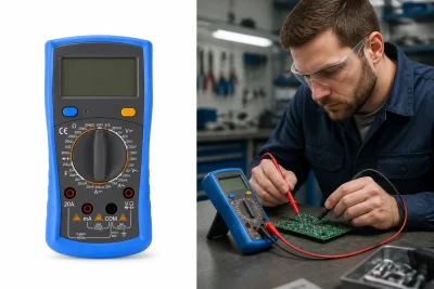 Technician performing electronic circuit testing using the Marmonix DT-9205 digital multimeter in a professional workshop setting.