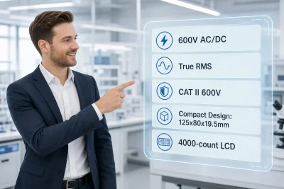 Professional technician presenting key technical specifications of the Marmonix MMU-P1 digital multimeter, including voltage and safety features.