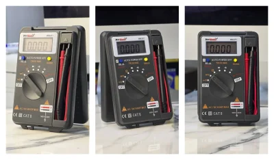 Three-view product collage of the Marmonix MMU-P1 True RMS digital multimeter with test leads.
