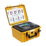 Marmonix MIR-1020 insulation tester in open yellow case with colour screen and wiring diagrams in the lid