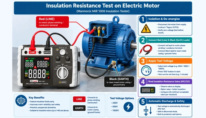 Step-by-step connection diagram showing how to wire a megger insulation tester to a motor winding and ground