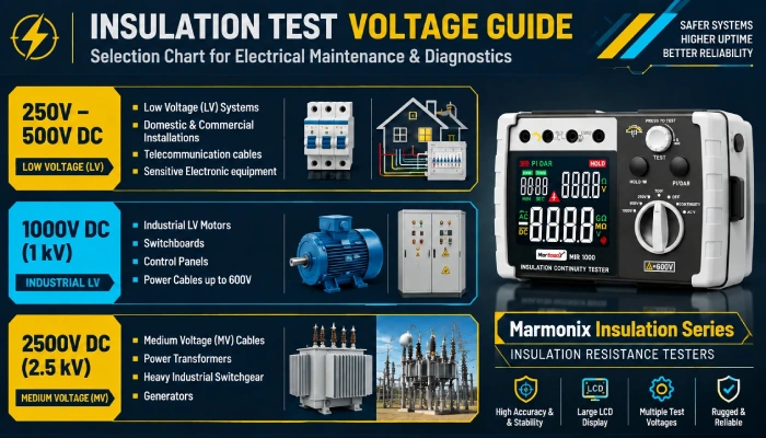 DC test voltage selection chart for megger insulation testing based on operating voltage