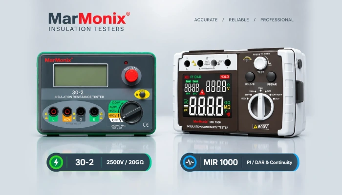 Side-by-side comparison of MarMonix 30-2 2500V insulation tester and MarMonix MIR 1000 PI tester