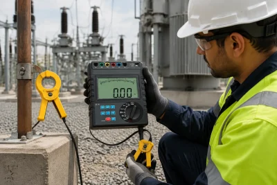 Electrical engineer performing onsite ground resistance inspection using MarMonix MEG925 double clamp multifunction tester in an industrial substation environment.