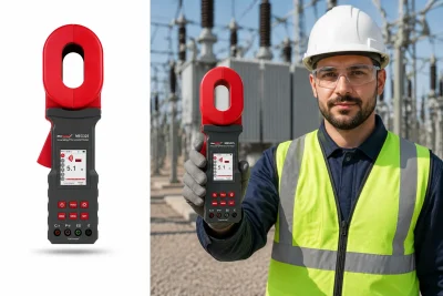 Electrical engineer performing site ground resistance inspection using MarMonix MEG825 clamp-on tester in an industrial substation environment.